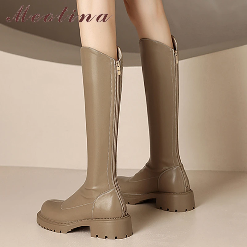 

Meotina Women Knee High Riding Boots Round Toe Block Mid Heel Zipper Ladies Fashion Long Boot Autumn Winter Shoes Apricot 43