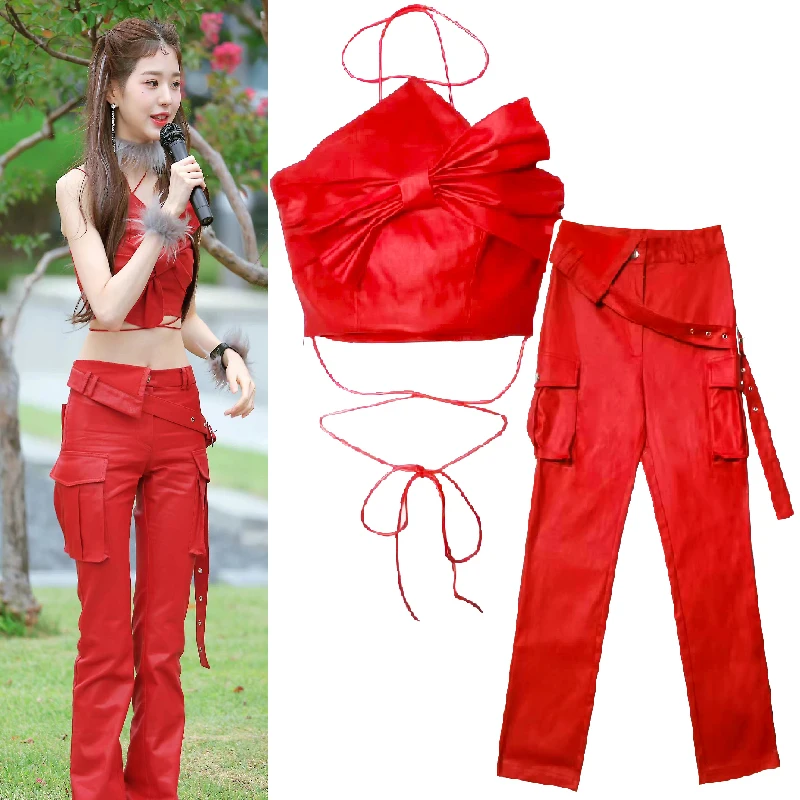 Kpop Jang Won Young New Jazz Dance Sexy Red Halter Sling Vest Crop Tops + Hip Hop High Waist Straight Pants Women Two Piece Set
Kpop Jang Won Young New Jazz Dance Sexy Red Halter Sling Vest Crop Tops + Hip Hop High Waist Straight Pants Women Two Piece Set