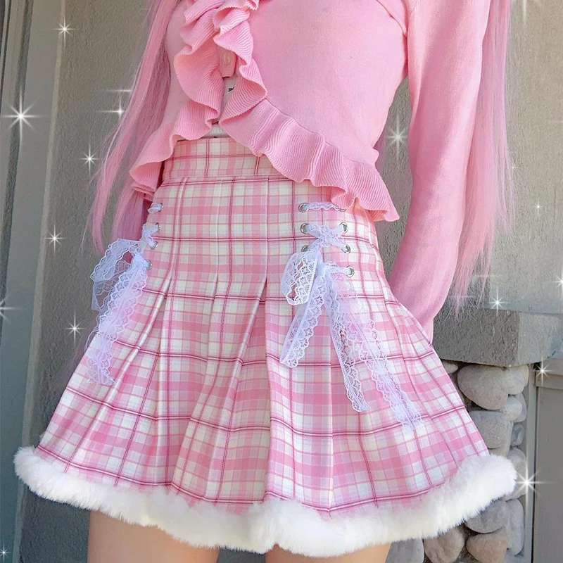 

2022 Y2K Plaid Print Pleated Skirt High-waisted Lace Up Feather Patchwork Kawaii A Line Short Skirts Pink Lolita Japanese Skater