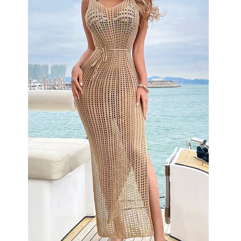 

Crochet Tunic Knitted Kaftan Sexy Backless Vestidos Hollow Out Robe Long Beach Dress Slit 2023 Outer Cover Women Cover-ups Swim