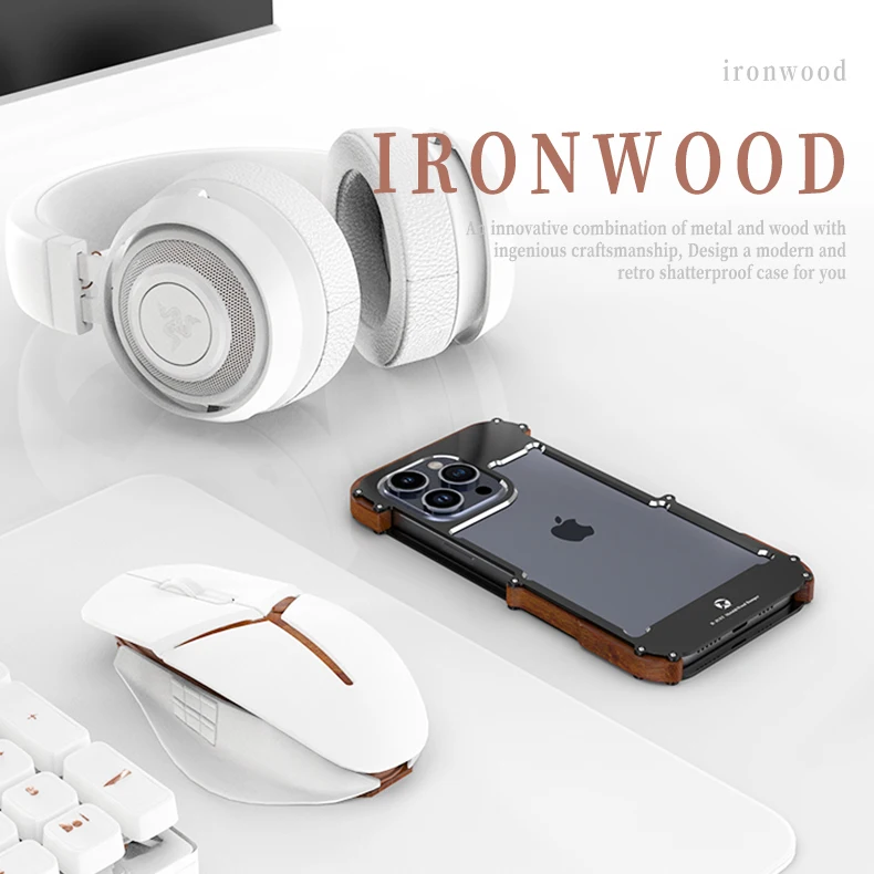 

R-JUST Luxury Ironwood 1st Metal Frame Cases for iPhone 15 14 13 12 11 Pro Max Plus Shockproof Contrast Metal & Wood Case
