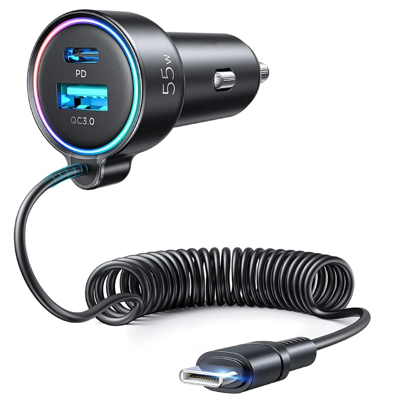 USB C Car Charger 55W 3-Port Fast Car Charger PD3.0 & QC3.0 Fast Charging With 5Ft Cable For Android/Iphone
USB C Car Charger 55W 3-Port Fast Car Charger PD3.0 & QC3.0 Fast Charging With 5Ft Cable For Android/Iphone