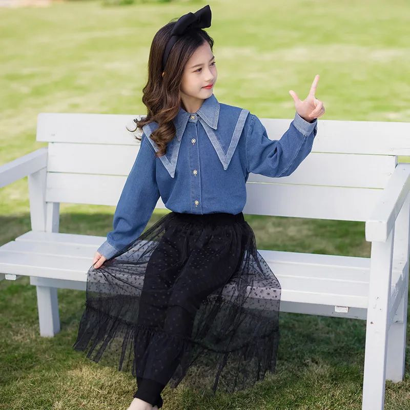 Fashion Kids Girls Skirt Sets Turn-down Collar Jeans Blouses Black Lace Skirt Leggings for Children Spring School Girl Outfit
Fashion Kids Girls Skirt Sets Turn-down Collar Jeans Blouses Black Lace Skirt Leggings for Children Spring School Girl Outfit
