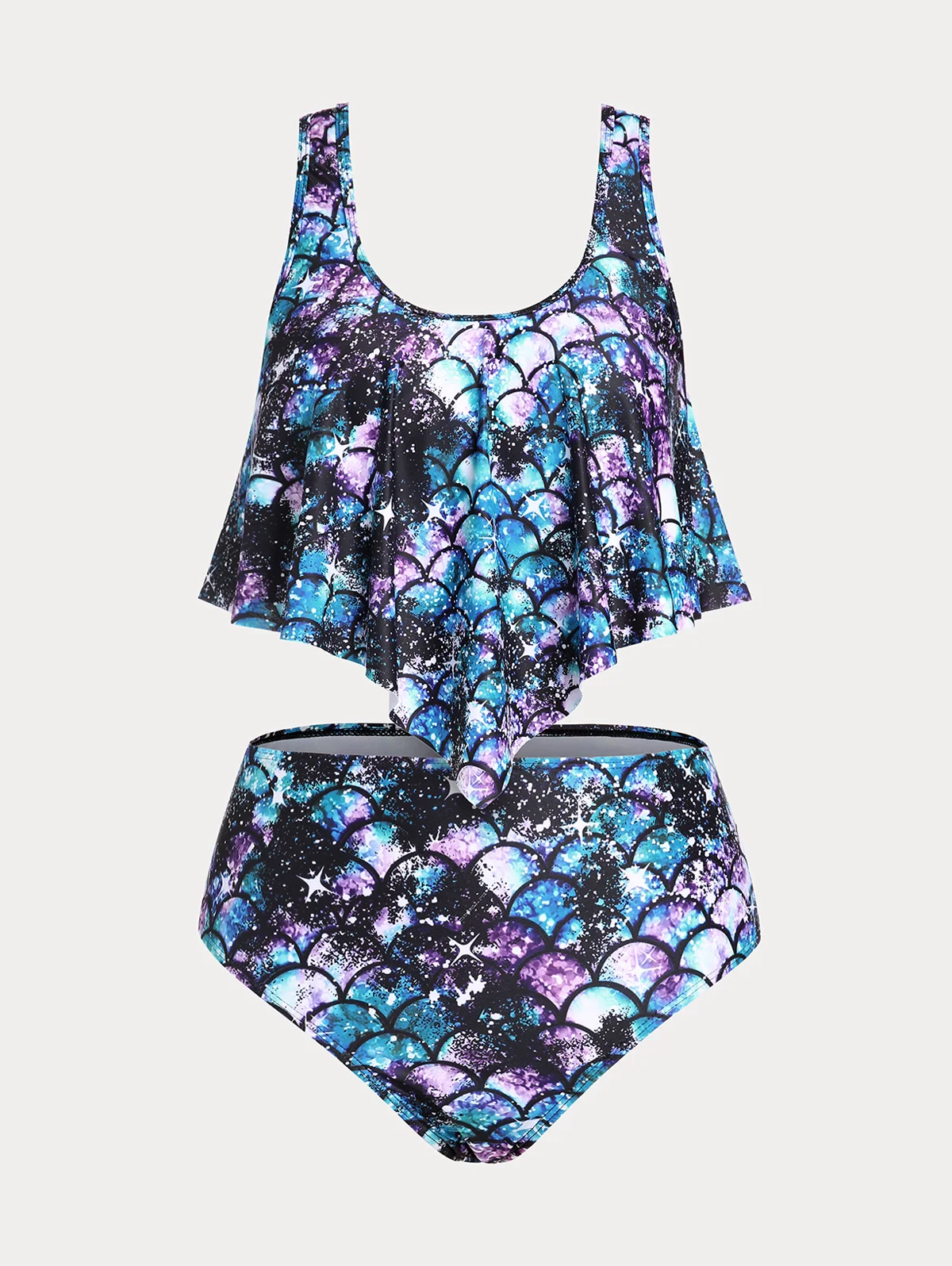 

Plus Size Mermaid Print Tankini Swimsuit 5XL Padded Ruffled Overlay Bathing Suits Bikinis Set Two Piece Summer Beach Swimwear
