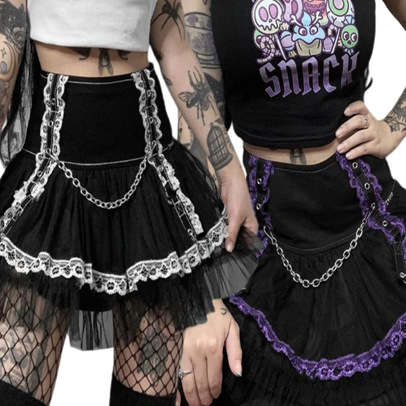 Women Goth Punk High Waist Lace Patchwork Pleated A-Line Mini Skirt with Chain Harajuku Double Layer Mesh Flared Ruffles Lolita
Women Goth Punk High Waist Lace Patchwork Pleated A-Line Mini Skirt with Chain Harajuku Double Layer Mesh Flared Ruffles Lolita