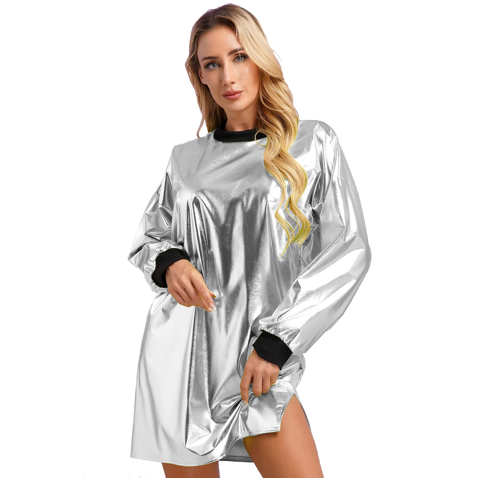 

Womens Disco Dance Performance Costumes Metallic Shiny T-Shirt Dress Round Neck Long Sleeve Rib Trims Loose Straight Dresses