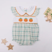 Baby Clothes Children 0 To 3 Months Doll Neck Pumpkin Embroidery Checkered Onesie Ribbed Flying Sleeve Baby Doll Clothing