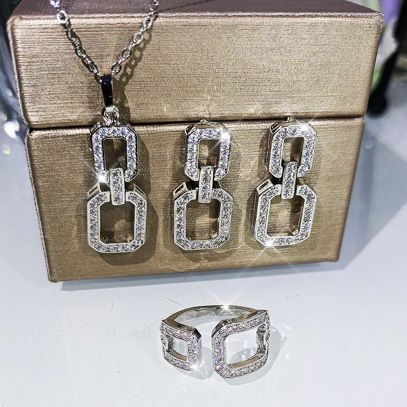 New Silver Plated Geometric Jewelry Shine Zircon Ring Necklace Earring Set For Women Bride Engagement Wedding Best Jewelry Set
New Silver Plated Geometric Jewelry Shine Zircon Ring Necklace Earring Set For Women Bride Engagement Wedding Best Jewelry Set