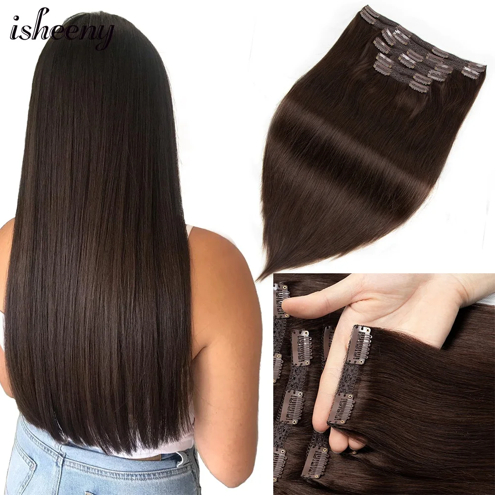 

Isheeny Clip In Human Hair Extensions Straight 16"-24" Machine Remy Natural Blonde Clip In Full Head 6pcs Set Weft Hair Pieces