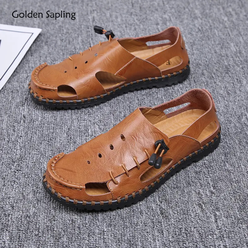 

Golden Sapling Fashion Men's Sandals Retro Leather Summer Shoes for Men Classics Beach Footwear Leisure Sandal Male Casual Flats