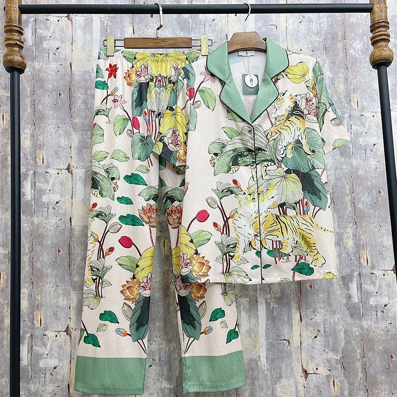 Summer Short Sleeve Women's Pajama Set Floral Print Ladies Silk Sleepwear Buttons Autumn Home Suit Satin Pyjama Suit For Female
Summer Short Sleeve Women's Pajama Set Floral Print Ladies Silk Sleepwear Buttons Autumn Home Suit Satin Pyjama Suit For Female