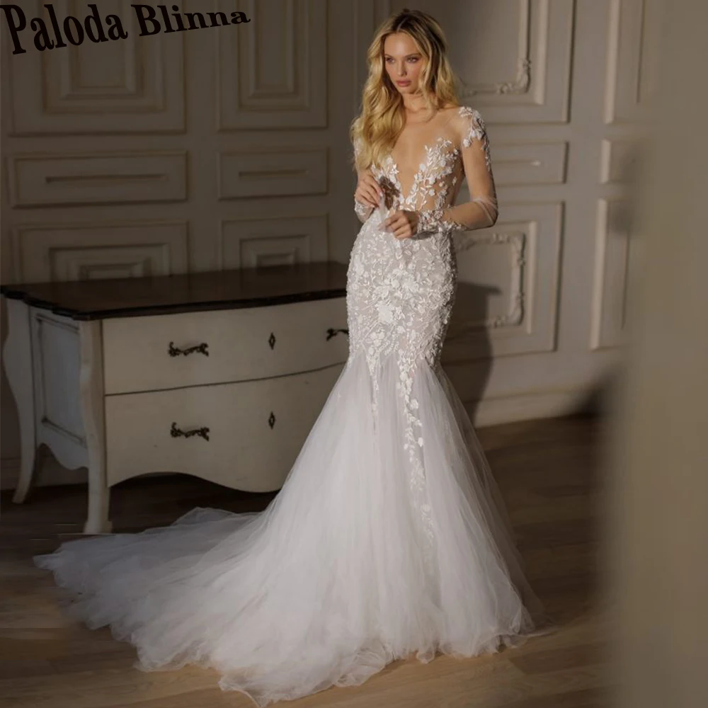 Paloda Classic Backless Illusion Wedding Dresses 2023 Bride Long Sleeves Deep V-Neck Appliques Trumpet Tulle Pleat Court Train
Paloda Classic Backless Illusion Wedding Dresses 2023 Bride Long Sleeves Deep V-Neck Appliques Trumpet Tulle Pleat Court Train