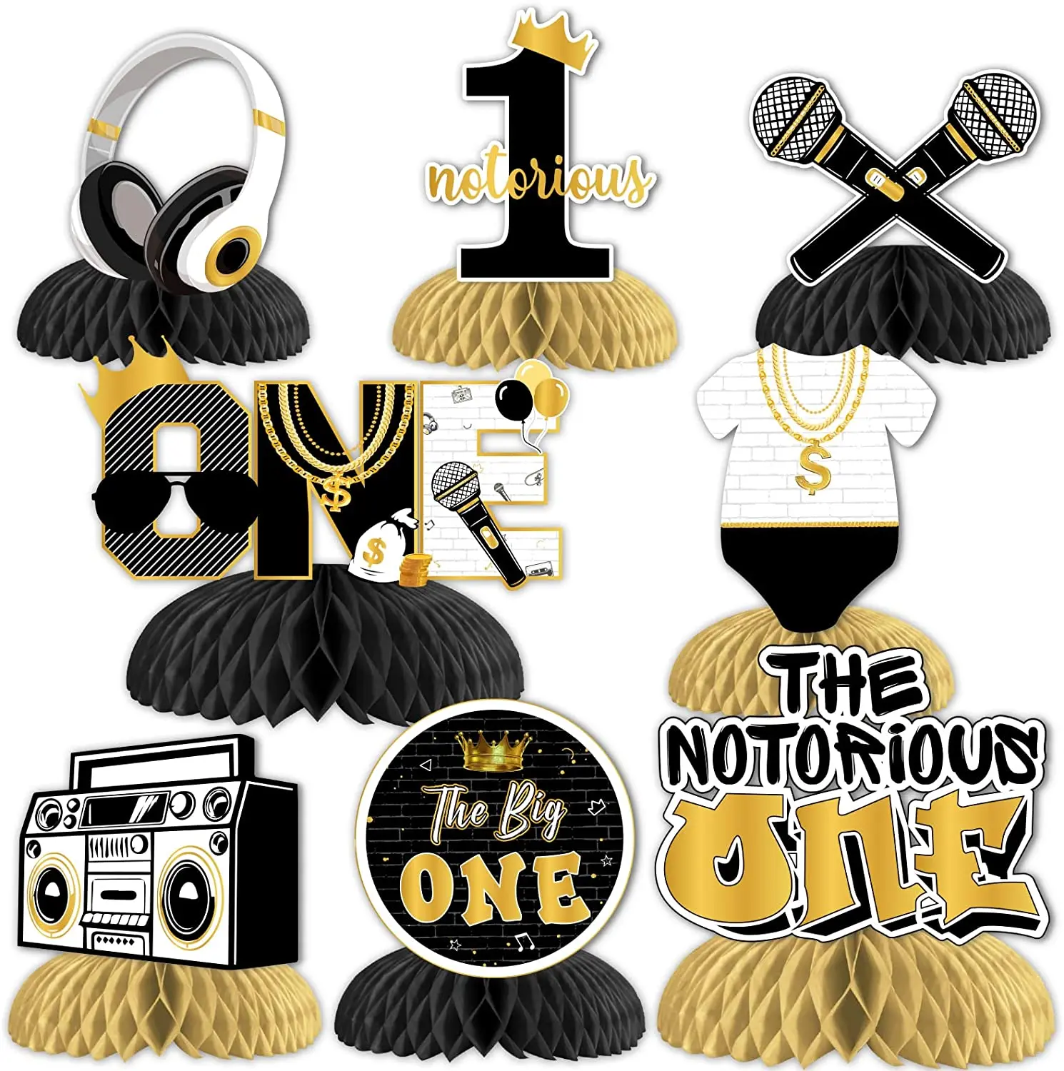 

8Pcs The Notorious One Black Gold 1st Birthday Honeycomb Centerpieces Hip Hop Table Decorations for One Year Old Party Supplies