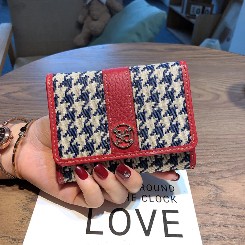 

Two-tone 2023 Women Wallets Houndstooth Embroidery Short Purse Real Leather Calfskin Billfold With Fashion 3-fold Wallet