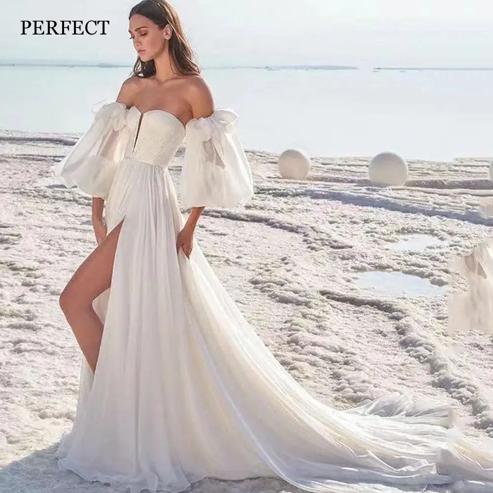 PERFECT Bohemian Strapless Wedding Dresses Detachable Sleeves High Side Split Bridal Gowns Backless Ivory Chiffon Robe De Mariee
PERFECT Bohemian Strapless Wedding Dresses Detachable Sleeves High Side Split Bridal Gowns Backless Ivory Chiffon Robe De Mariee