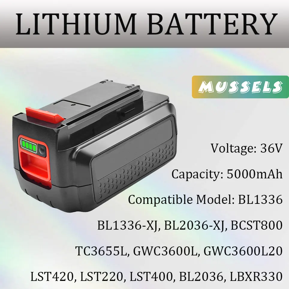 5000mAh 36V Rechargeable Tool Battery Replacement Li-Ion Battery for Black & Decker LBXR36 LBX36 LST136 BL2036 Power Tools
5000mAh 36V Rechargeable Tool Battery Replacement Li-Ion Battery for Black & Decker LBXR36 LBX36 LST136 BL2036 Power Tools