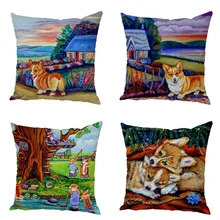 Oil Painting Welsh Corgi Pembroke Cushion Cover Sofa Color Pet Dog Pillow Cover Peach Skin Pillow Cover Can Be Customized