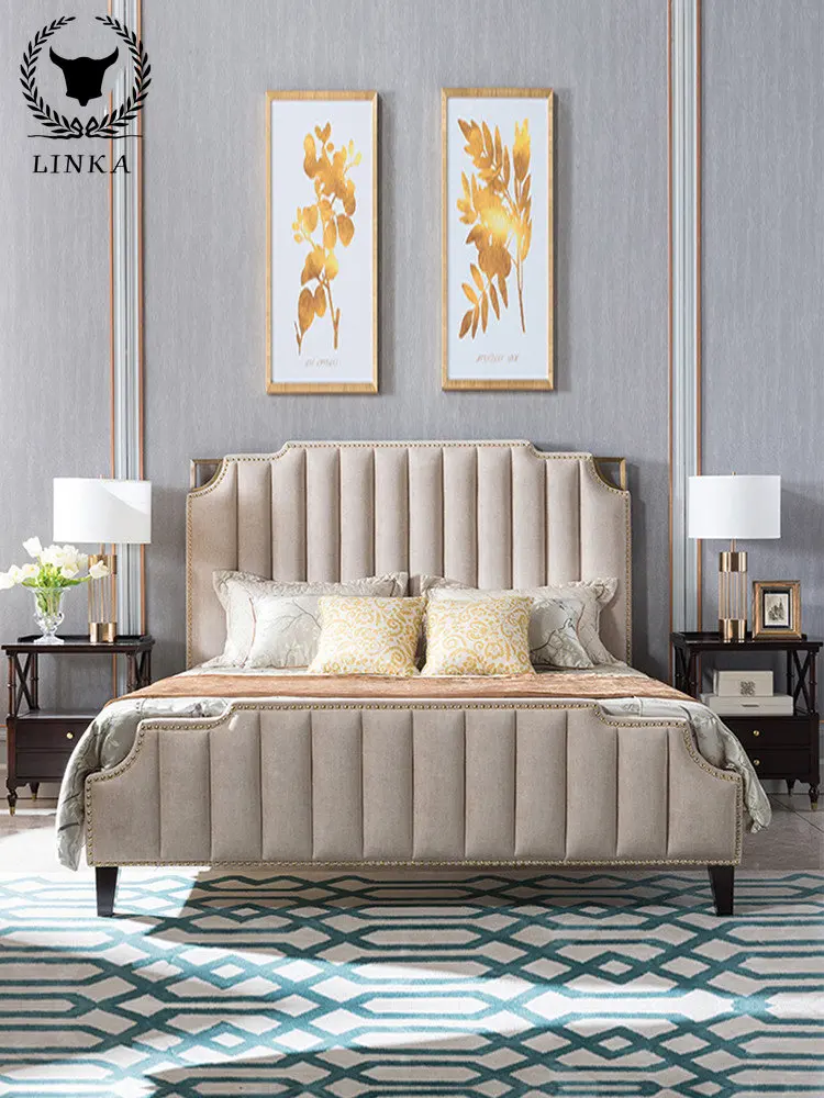

Роскошная матерчатая двуспальная кровать в американском стиле, Современная Минималистичная кожаная кровать для основной спальни, кровать из массива дерева, высокий ящик, кровать, мебель