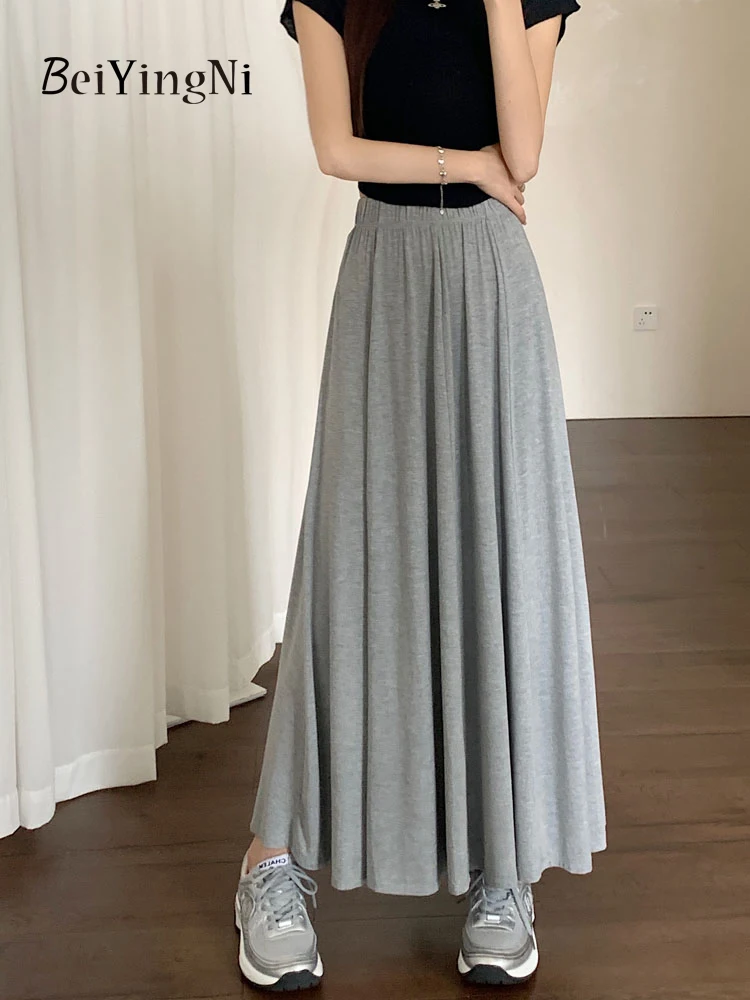 

Beiyingni 2023 Korean Long Maxi Skirts for Women Casual Vintage High Waisted A-line Skirt Gray Black Faldas Female Jupes 90cm