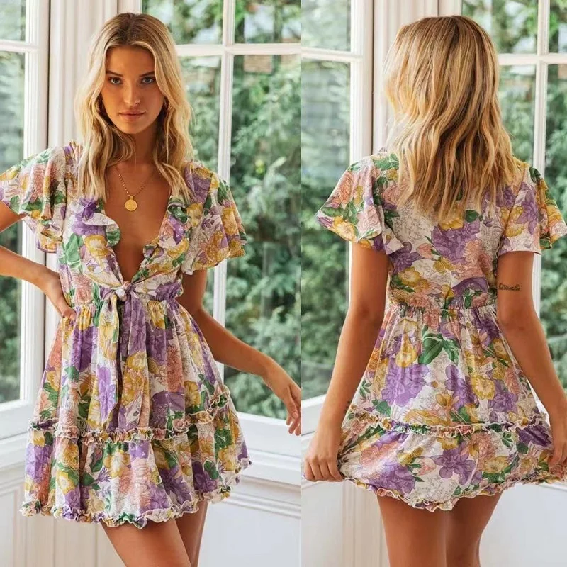 

2022 Summer New Knotted Printed Ruffled V-neck Mini Party Dresses