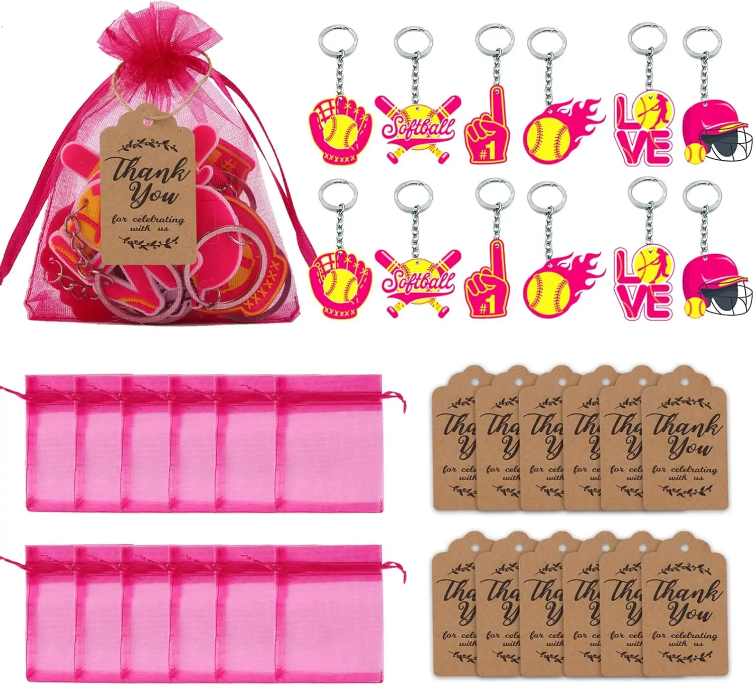 Softball Party Favors Team Softball Keychains Hot Pink Gift Bags with Thank You Font Tag for Softball Theme Party Supplies
Softball Party Favors Team Softball Keychains Hot Pink Gift Bags with Thank You Font Tag for Softball Theme Party Supplies