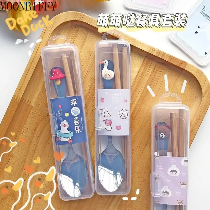 Portable tableware set, stainless steel spoon, bamboo chopsticks with storage box, two sets of lovely children's tableware
Portable tableware set, stainless steel spoon, bamboo chopsticks with storage box, two sets of lovely children's tableware