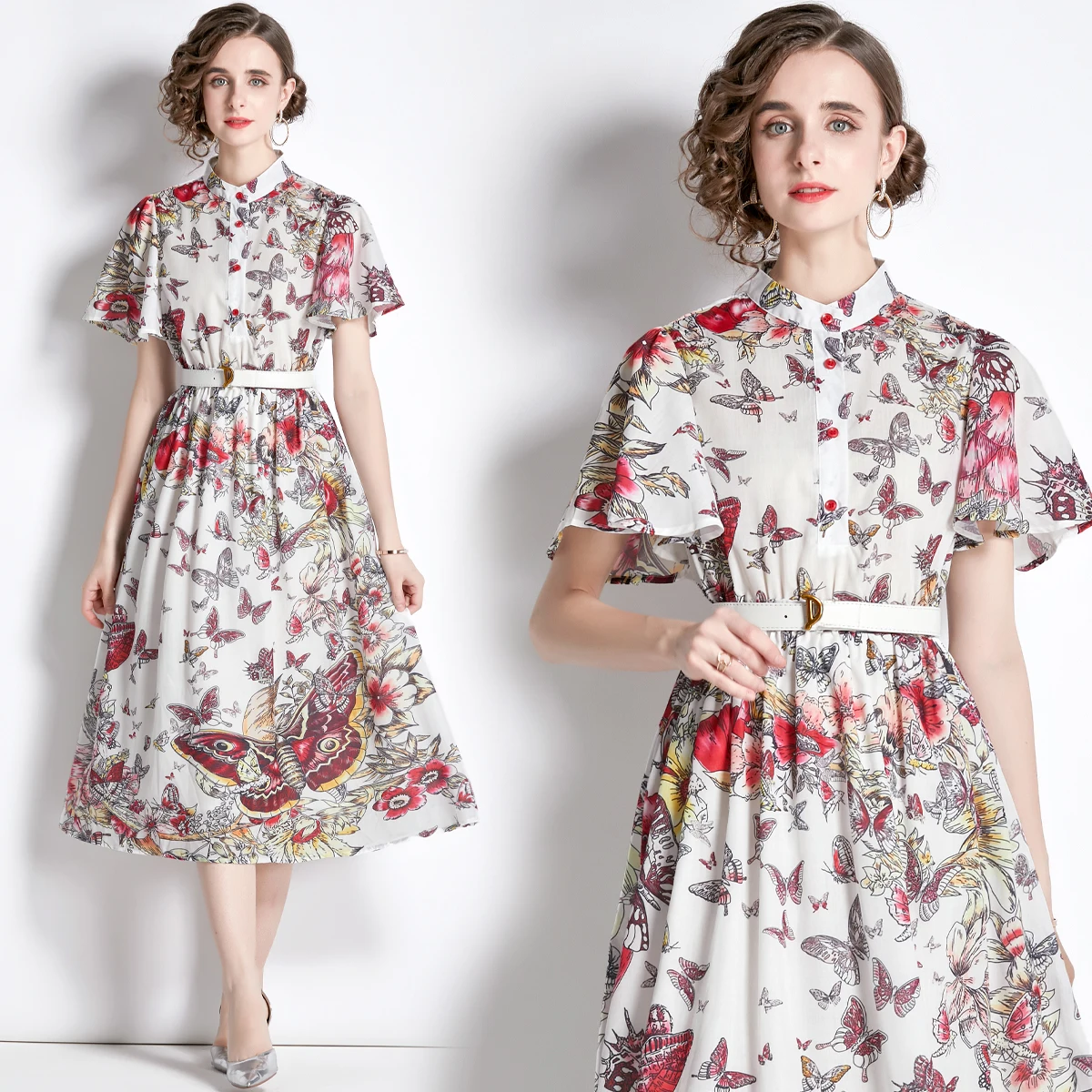 2022 Women's New Summer Style High-end Temperament Stand Collar Short Sleeve Butterfly Print Waist Style Dress with Free Belt
2022 Women's New Summer Style High-end Temperament Stand Collar Short Sleeve Butterfly Print Waist Style Dress with Free Belt