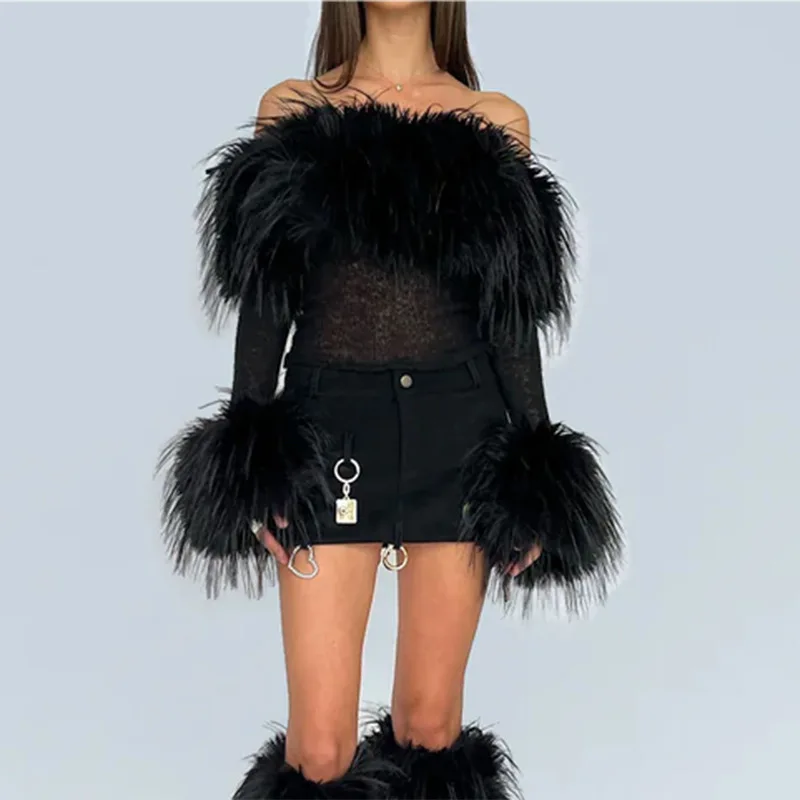 

Gtpdpllt пушистый топ с кисточкой с перьями и открытыми плечами, футболки с длинным рукавом для женщин, зима 2000s Y2k, топы, белый, черный, Рождественский