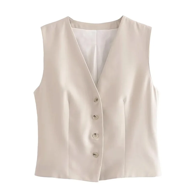 

TRAF Woman Beige Vest With Slits 2023 Summer Commuting Style V-neck Back Slit At Hem Front Button Closure Sleeveless Design Vest