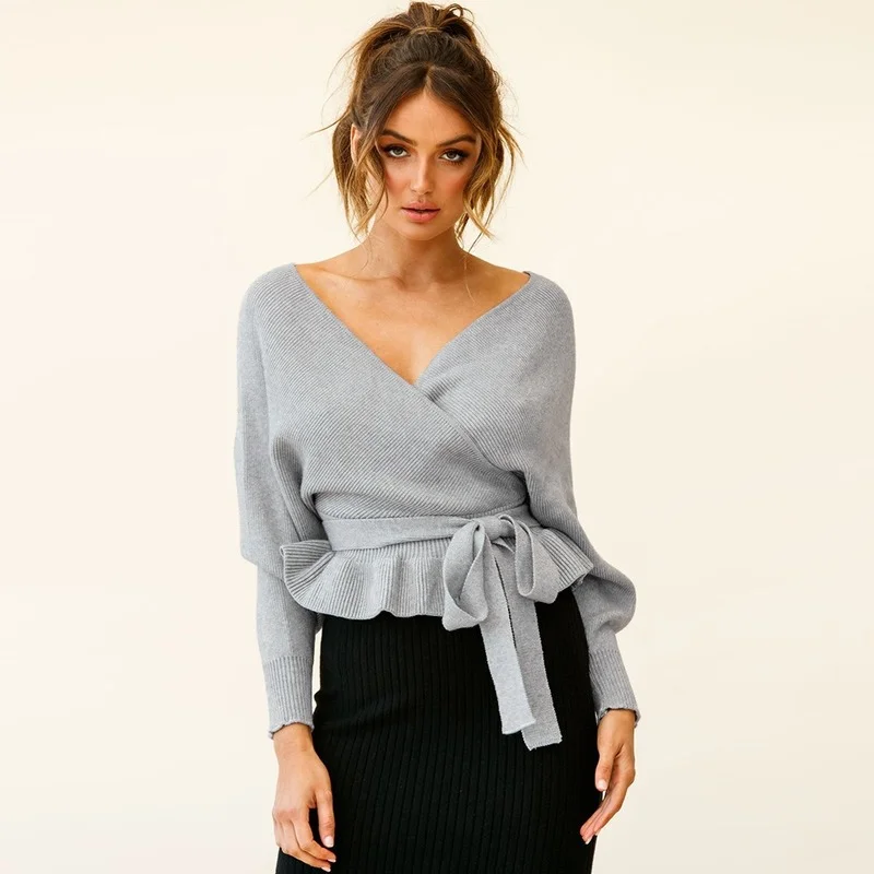 Women Solid Colors Ruffles Lace Up Pullovers Black Sexy V-Neck Knitted Sweaters Spring Autumn Green Long Sleeve Cropped Jumpers
Women Solid Colors Ruffles Lace Up Pullovers Black Sexy V-Neck Knitted Sweaters Spring Autumn Green Long Sleeve Cropped Jumpers