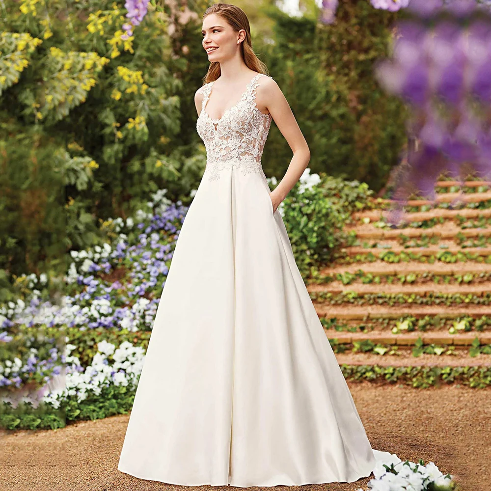 Pmwrun Applique with Pocket Wedding Dress Sleeveless A-Line Floor Length Jersey Bridal Marriage Sweep Train Button Custom Gowns
Pmwrun Applique with Pocket Wedding Dress Sleeveless A-Line Floor Length Jersey Bridal Marriage Sweep Train Button Custom Gowns