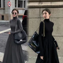 2023 New French Style Temperament Womens High-Grade Black Dress Hepburn Style Gray Turtleneck Dress for Women Autumn and Winter