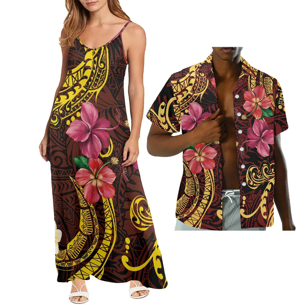

HYCOOL Polynesian Couple Clothing Fashion Casual Women Sleeveless Slip Long Summer Dress Tribal Print Spaghetti Strap Dress 2022