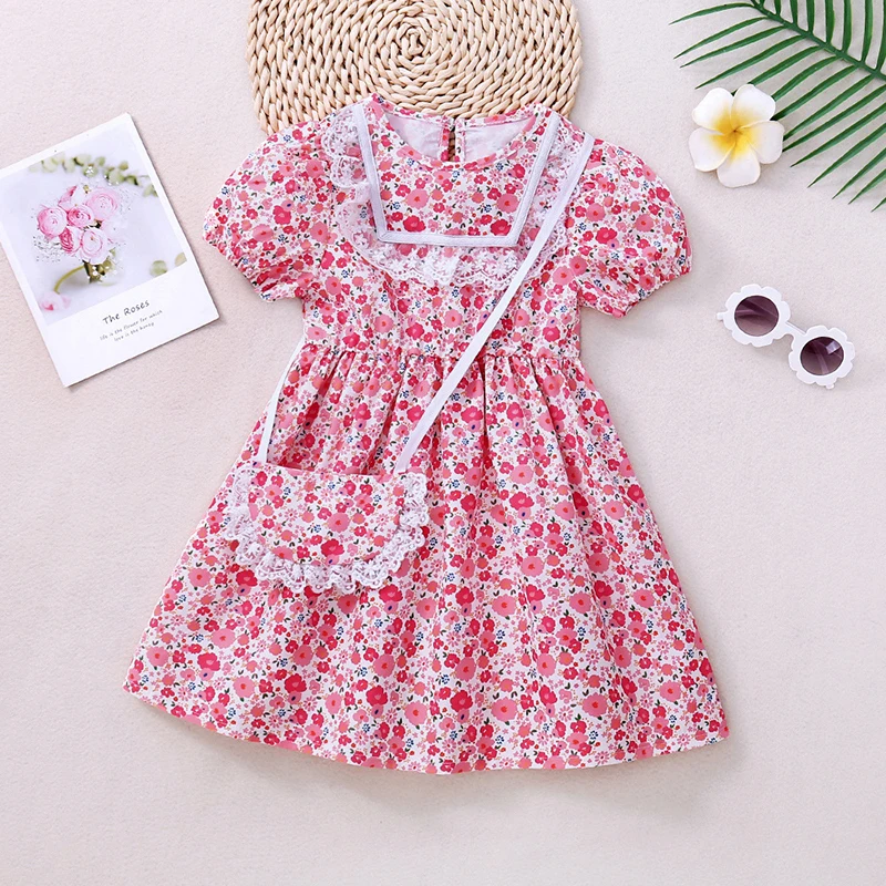 Girls Casual Puff Sleeve Dress with Floral Lace 2-6 Years Fashion Summer Pink Sundress and Bag Short Party Birthday Gift 
Girls Casual Puff Sleeve Dress with Floral Lace 2-6 Years Fashion Summer Pink Sundress and Bag Short Party Birthday Gift