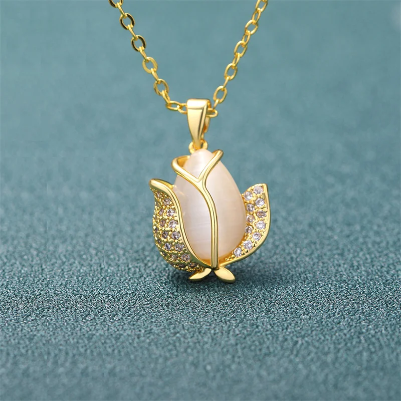 

Fashion Lady Jade Tulip Pendant Necklace For Women Jewelry New S925 Clavicle Chain Female Choker Necklace Accessories