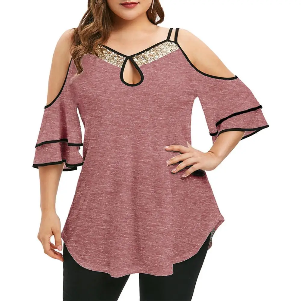 2022 New Plus Size Women's T-shirt Oversized Sequins Neck Cold Shoulder Ruffled Sleeve Irregular Hem Blouse
2022 New Plus Size Women's T-shirt Oversized Sequins Neck Cold Shoulder Ruffled Sleeve Irregular Hem Blouse