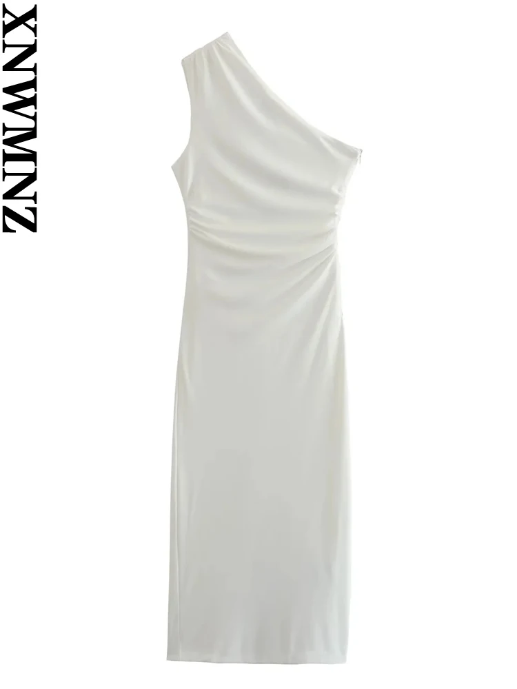 

XNWMNZ Women's Fashion 2023 Asymmetric Midi dress Women Party Style Draped Side Zipper Back Split Female Chic Dresses