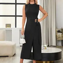 Womens Wrap Waist Belted Jumpsuit Solid Red Wide Leg One Piece Sleeveless Fall Outfits Playsuit Female Mock Neck Romper Cloth