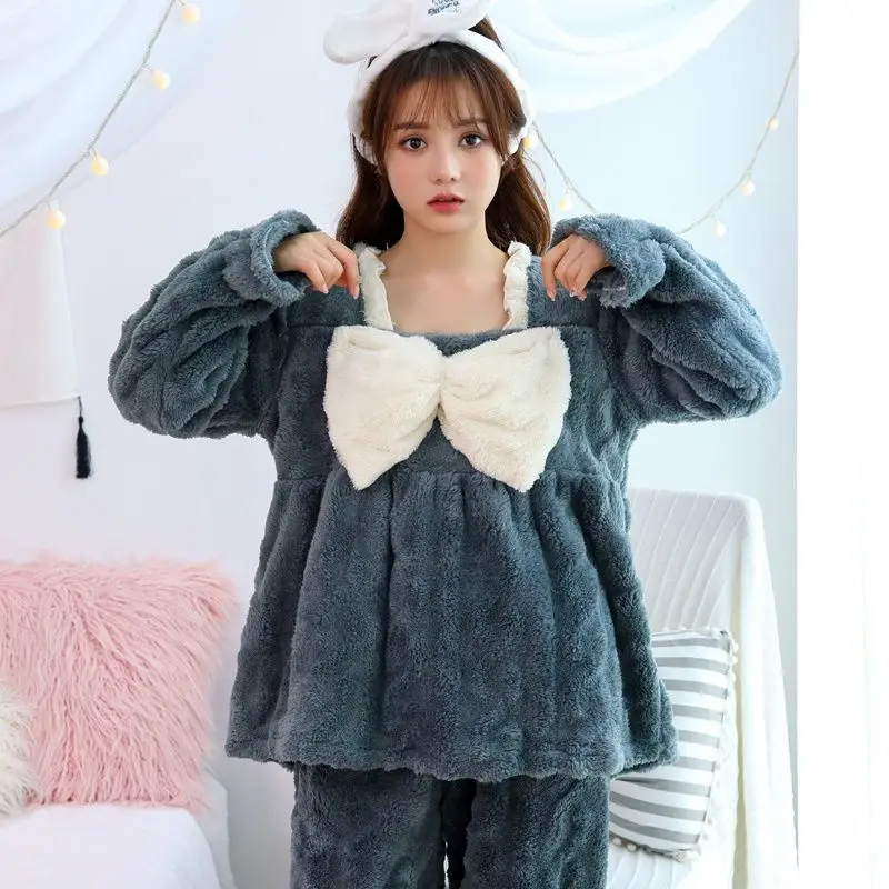 Pajamas Set Winter Flannel Female Sweet Cute White Bow Home Wear Trouser Suits Thickened Warm Sleepwear Coral Fleece Pyjama
Pajamas Set Winter Flannel Female Sweet Cute White Bow Home Wear Trouser Suits Thickened Warm Sleepwear Coral Fleece Pyjama