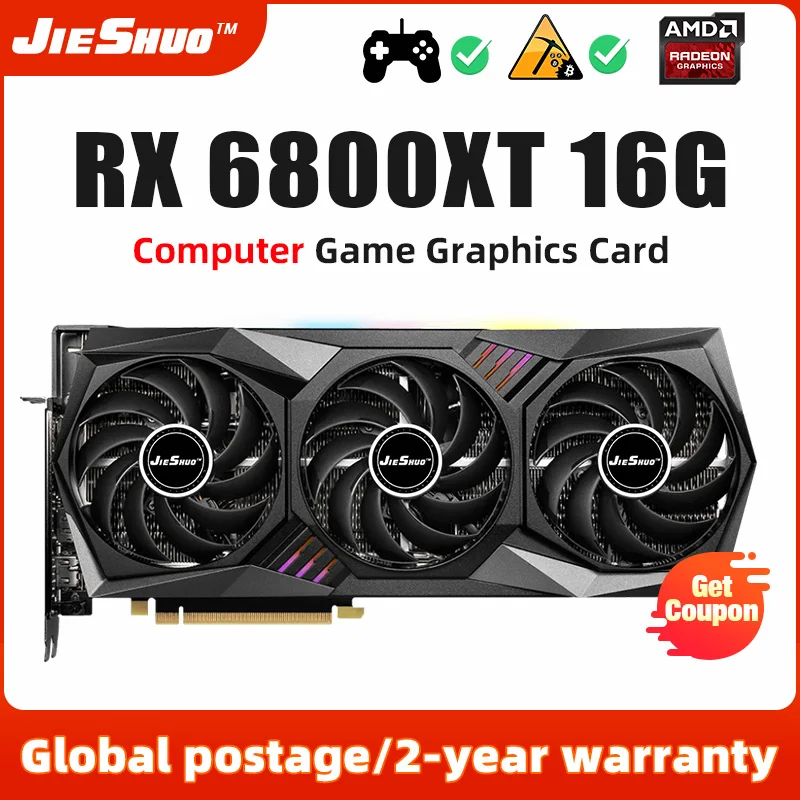

JIESHUO AMD RX 6800XT 16GB Gaming Graphics Cards GDDR6 256Bit DP*3 HDMI*1 8+8PIN Radeon RX6800XT 16g game Video Card RX 6800 XT