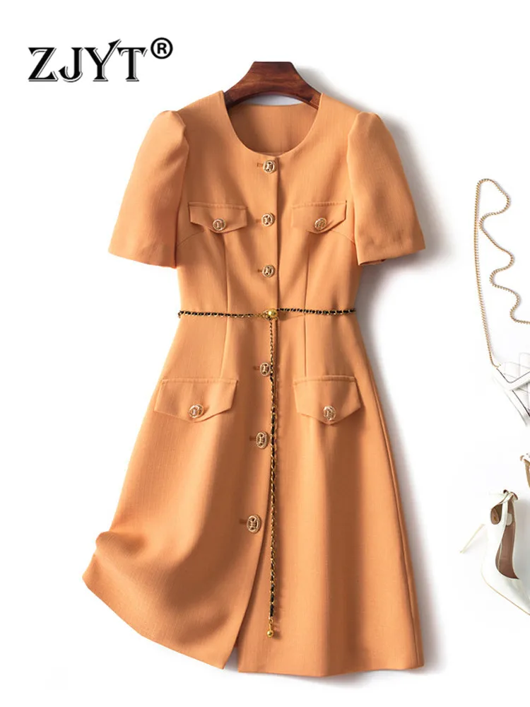 ZJYT Runway Designer Summer Single Breasted Dress Elegant Woman Clothes Puff Sleeve Solid Above Knee Office Vestidos Chains Belt 
ZJYT Runway Designer Summer Single Breasted Dress Elegant Woman Clothes Puff Sleeve Solid Above Knee Office Vestidos Chains Belt