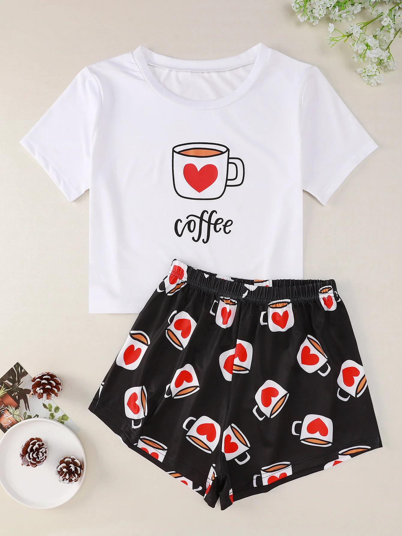 New Style Women's Cute Cartoon Heart Coffee Short Sleeve T Shirts & Shorts Pajama Set Summer Comfortable Sleepwear Home Suits
New Style Women's Cute Cartoon Heart Coffee Short Sleeve T Shirts & Shorts Pajama Set Summer Comfortable Sleepwear Home Suits