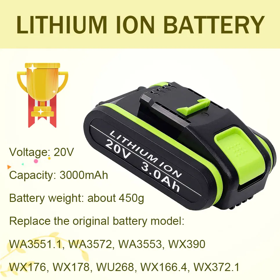 20V 3000mAh Li-Ion Rechargeable Replacement Battery for Worx Power Tools WA3551 WA3553 WX390 WX176 WX178 WX550
20V 3000mAh Li-Ion Rechargeable Replacement Battery for Worx Power Tools WA3551 WA3553 WX390 WX176 WX178 WX550