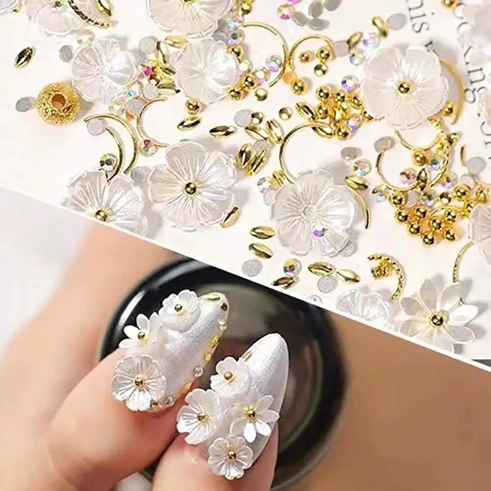 

50PCS/PACK 3D Shell Flower Nail Charms, Colorful 7/9/11mm Nail Art Flower Decorations +Beads AB Symphony Resin Accessises KDI19