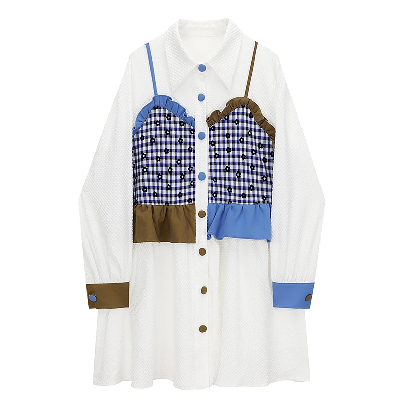Spring Autumn Stitching Contrast Color Plaid Suspenders Lotus Leaf Fake Two-piece Mid-length White Shirt Skirt Women's Dress
Spring Autumn Stitching Contrast Color Plaid Suspenders Lotus Leaf Fake Two-piece Mid-length White Shirt Skirt Women's Dress