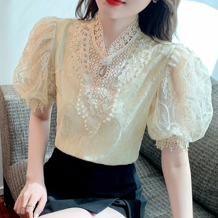 2022 Summer Women Fashion Lantern Short Sleeve Lace Patchwork Beige Top Blouse , Woman Korean Style Vintage Tops Blouses
2022 Summer Women Fashion Lantern Short Sleeve Lace Patchwork Beige Top Blouse , Woman Korean Style Vintage Tops Blouses