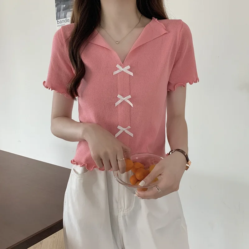 Fashion women's top Short sleeve summer women's knitted V-neck pink slim-fit shirt for young women
Fashion women's top Short sleeve summer women's knitted V-neck pink slim-fit shirt for young women