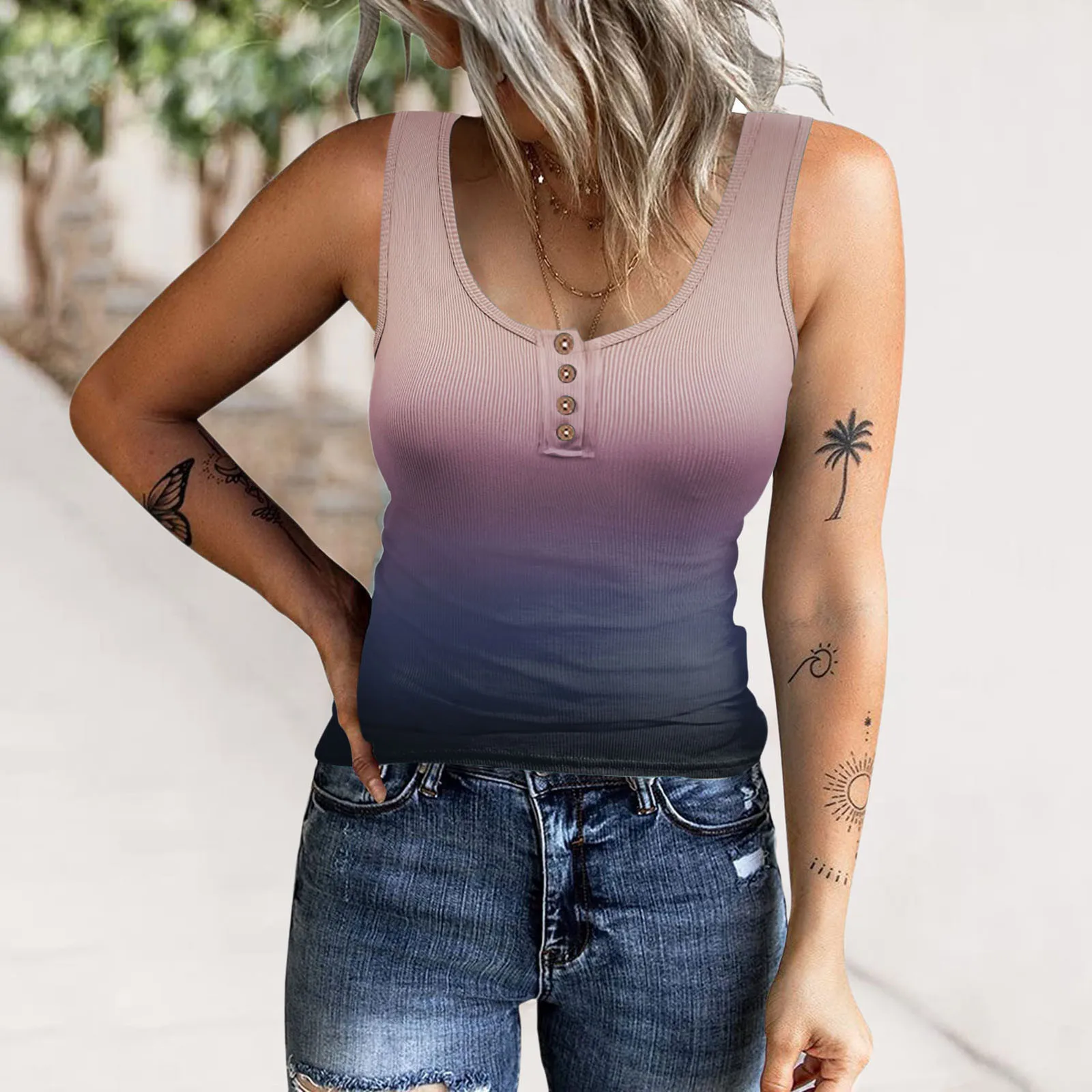 Women Tank Button O Neck Gradient Sleeveless T-shirt Tunic Female Tanks Ribbed Tees Casual Summer Girls Tops Streetwear Pullover
Women Tank Button O Neck Gradient Sleeveless T-shirt Tunic Female Tanks Ribbed Tees Casual Summer Girls Tops Streetwear Pullover