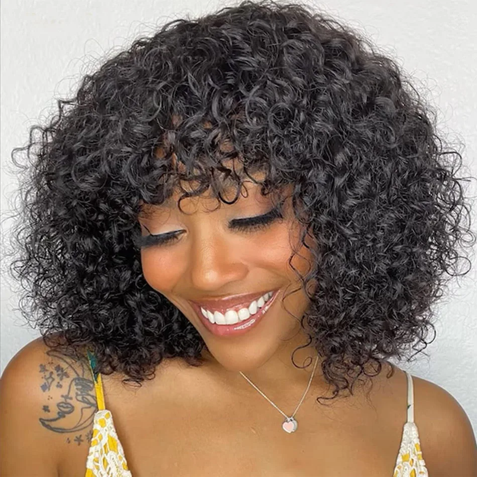 

Remy Afro Kinky Curly Wig With Bangs Human Hair Glueless Wigs Short Pixie Bob Cut Human Hair Wigs With Bangs Highlight Bob Wig