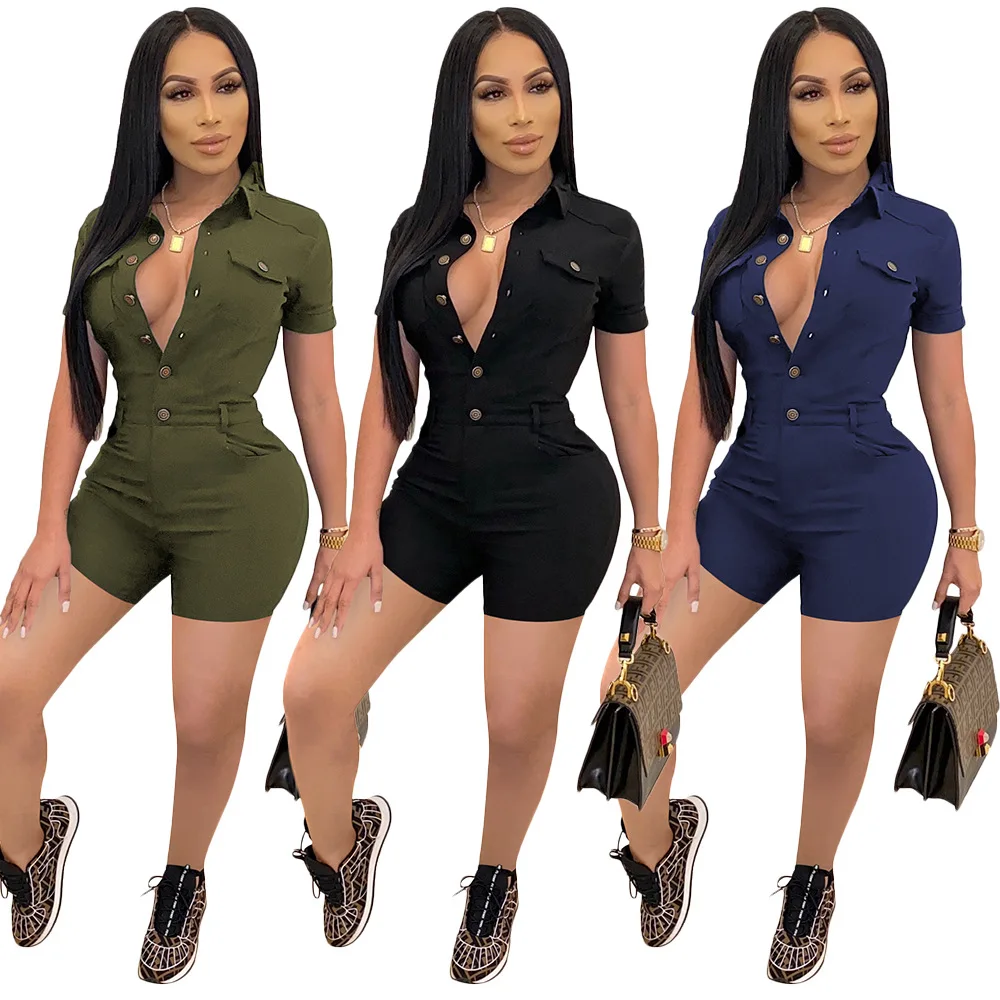 Ladies Casual Jumpsuit Summer Women's Sexy Streetwear Solid Color Lapel Short Sleeve Single Breasted Jumpsuit Women
Ladies Casual Jumpsuit Summer Women's Sexy Streetwear Solid Color Lapel Short Sleeve Single Breasted Jumpsuit Women